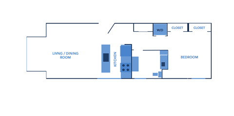 Floor plan for 1 bed, 1 bath, 674 sqft